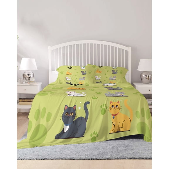 4 Piece King Sheet Set Cartoon Cats Sheets Set for King Size Bed, Breathable Soft Microfiber Bed Sheets Cooling Funny Japanese Cute Animals Paw Print Fitted Sheet Deep Pocket, Pillowcases