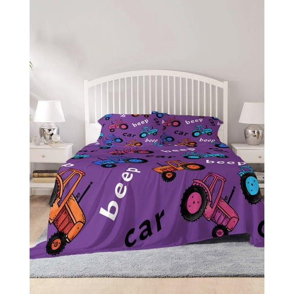 4 Piece King Sheet Set Cartoon Tractor Sheets Set for King Size Bed, Breathable Soft Microfiber Bed Sheets Cooling Cute Beep Car Digger Shovel Truck Purple Fitted Sheet Deep Pocket, Pillowcases