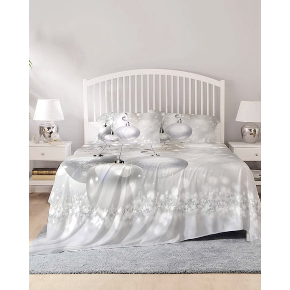 4 Piece King Sheet Set Christmas Sheets Set for King Size Bed, Breathable Soft Microfiber Bed Sheets Cooling Xmas Silver Balls Glitter Sparkle Stars Fitted Sheet Deep Pocket, Pillowcases