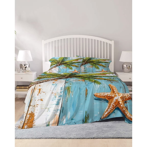 4 Piece King Sheet Set Coastal Beach Sheets Set for King Size Bed, Breathable Soft Microfiber Bed Sheets Cooling Oil Painting Tropical Palm Tree Starfish Fitted Sheet Deep Pocket, Pillowcases