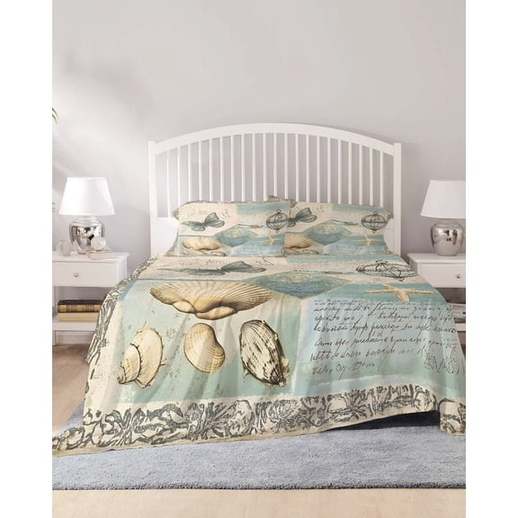 4 Piece King Sheet Set Coastal Beach Sheets Set for King Size Bed, Breathable Soft Microfiber Bed Sheets Cooling Summer Butterfly Nautical Conch Starfish Fitted Sheet Deep Pocket, Pillowcases