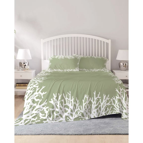 4 Piece King Sheet Set Coastal Coral Sheets Set for King Size Bed, Breathable Soft Microfiber Bed Sheets Cooling Sage Green Ocean Marine Nautical Beach Fitted Sheet Deep Pocket, Pillowcases