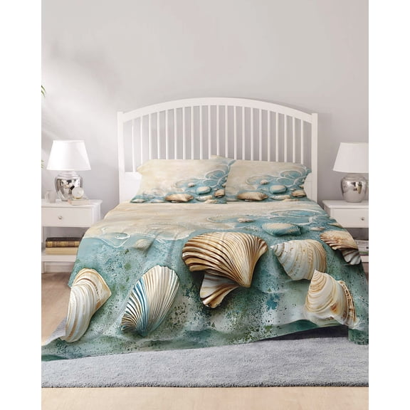 4 Piece King Sheet Set Coastal Shell Sheets Set for King Size Bed, Breathable Soft Microfiber Bed Sheets Cooling Summer Beach Nautical Seaside Fitted Sheet Deep Pocket, Pillowcases