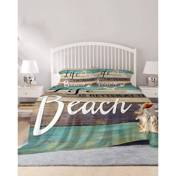4 Piece King Sheet Set Coastal Starfish Sheets Set for King Size Bed, Breathable Soft Microfiber Bed Sheets Cooling Farmhouse Nautical Conch Seashell Wood Fitted Sheet Deep Pocket, Pillowcases