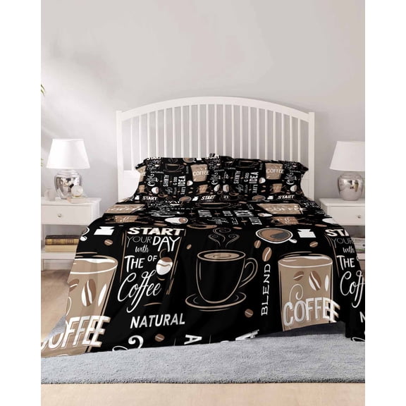 4 Piece King Sheet Set Coffee Black Sheets Set for King Size Bed, Breathable Soft Microfiber Bed Sheets Cooling Brown Beans Cup Dessert Drink Monochrome Fitted Sheet Deep Pocket, Pillowcases
