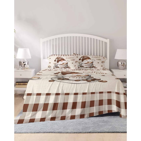 4 Piece King Sheet Set Coffee Gnomes Sheets Set for King Size Bed, Breathable Soft Microfiber Bed Sheets Cooling Farmhouse Brown Plaid Teacup Beans Fitted Sheet Deep Pocket, Pillowcases