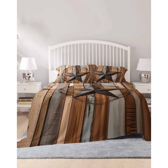 4 Piece King Sheet Set Country Star Brown Sheets Set for King Size Bed, Breathable Soft Microfiber Bed Sheets Cooling Western Texas Vintage Farmhouse Wooden Fitted Sheet Deep Pocket, Pillowcases