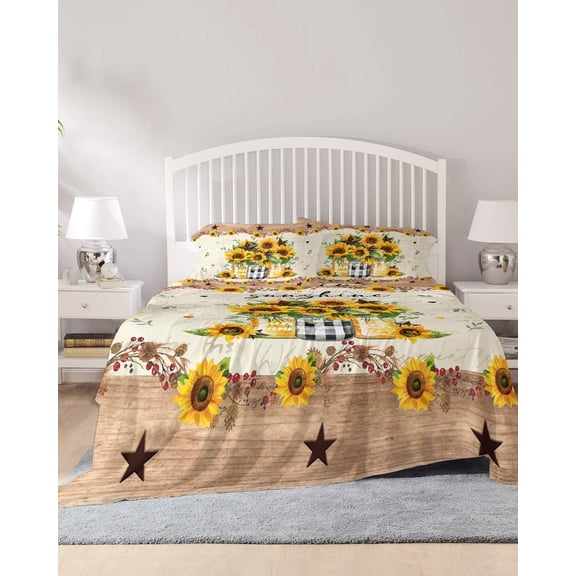 4 Piece King Sheet Set Country Star Sunflower Sheets Set for King Size Bed, Breathable Soft Microfiber Bed Sheets Cooling Vintage Farmhouse Brown Wooden Fitted Sheet Deep Pocket, Pillowcases