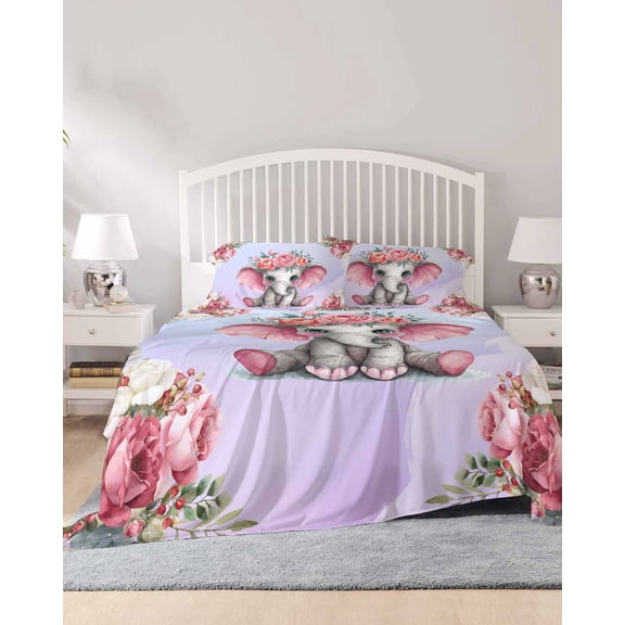 4 Piece King Sheet Set Cute Elephant Sheets Set for King Size Bed, Breathable Soft Microfiber Bed Sheets Cooling Spring Floral Botanical Animal Watercolor Fitted Sheet Deep Pocket, Pillowcases