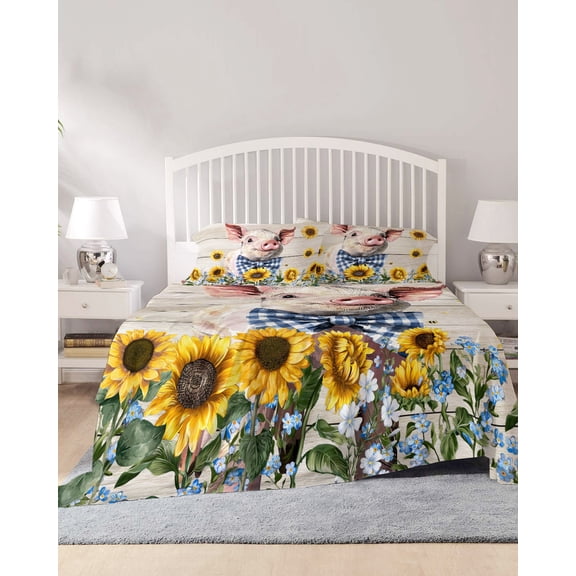 4 Piece King Sheet Set Cute Pig Sheets Set for King Size Bed, Breathable Soft Microfiber Bed Sheets Cooling Yellow Sunflowers Beige Wooden Vintage Art Fitted Sheet Deep Pocket, Pillowcases