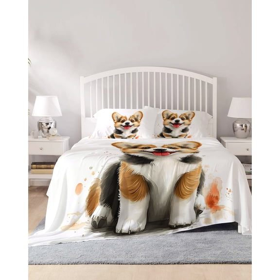 4 Piece King Sheet Set Cute Sitting Dog Sheets Set for King Size Bed, Breathable Soft Microfiber Bed Sheets Cooling Watercolor Cartoon Puppy Animal Fitted Sheet Deep Pocket, Pillowcases