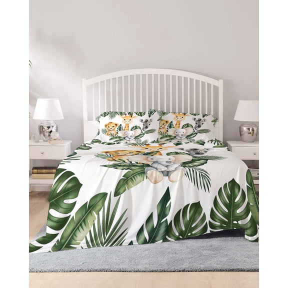 4 Piece King Sheet Set Elephant Giraffe Lion Sheets Set for King Size Bed, Breathable Soft Microfiber Bed Sheets Cooling Eucalyptus Leaves Cute Animals Fitted Sheet Deep Pocket, Pillowcases