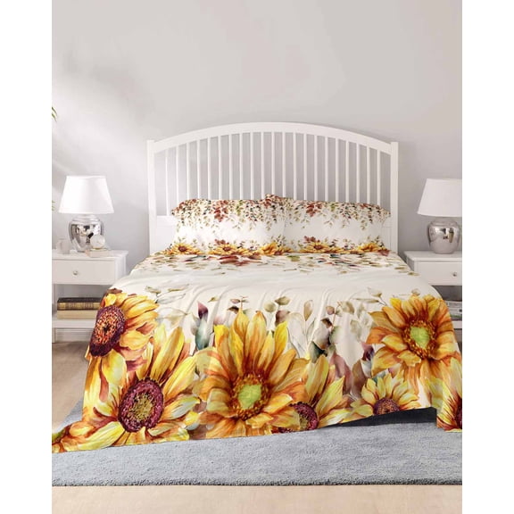 4 Piece King Sheet Set Eucalyptus Leaves Sheets Set for King Size Bed, Breathable Soft Microfiber Bed Sheets Cooling Autumn Farmhouse Sunflowers Vines Fitted Sheet Deep Pocket, Pillowcases
