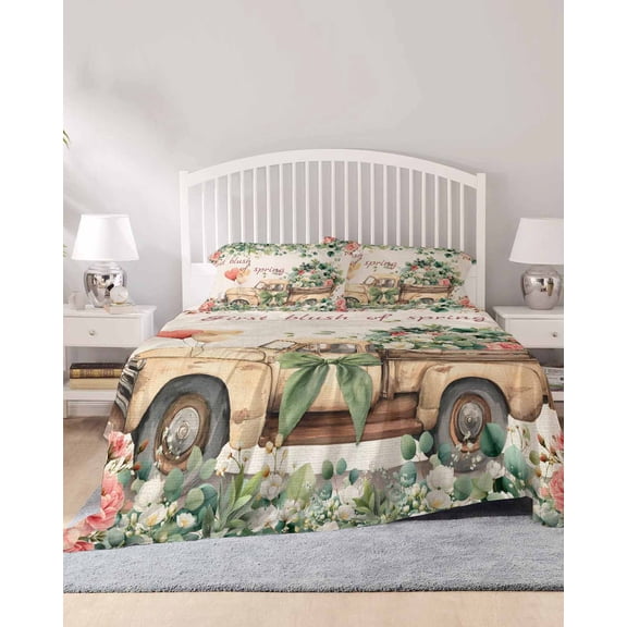 4 Piece King Sheet Set Eucalyptus Trucks Sheets Set for King Size Bed, Breathable Soft Microfiber Bed Sheets Cooling Spring Farmhouse Floral Leaves Burlap Fitted Sheet Deep Pocket, Pillowcases
