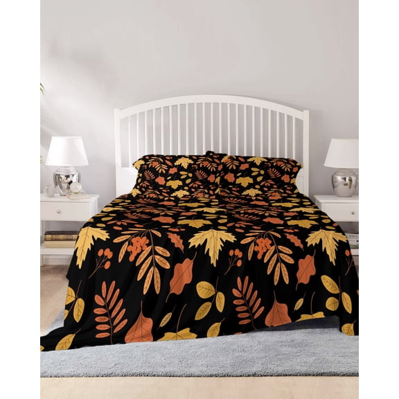 4 Piece King Sheet Set Fall Maple Leaves Sheets Set for King Size Bed, Breathable Soft Microfiber Bed Sheets Cooling Autumn Farmhouse Yellow Orange Plants Fitted Sheet Deep Pocket, Pillowcases