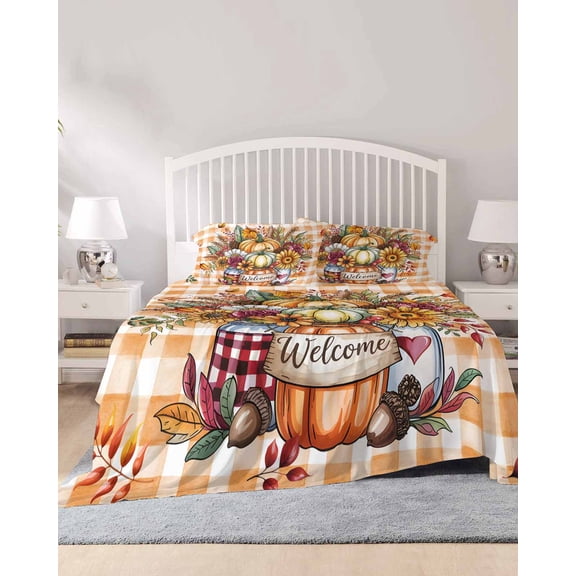 4 Piece King Sheet Set Fall Pumpkin Sheets Set for King Size Bed, Breathable Soft Microfiber Bed Sheets Cooling Thanksgiving Sunflower Orange Plaid Maple Fitted Sheet Deep Pocket, Pillowcases