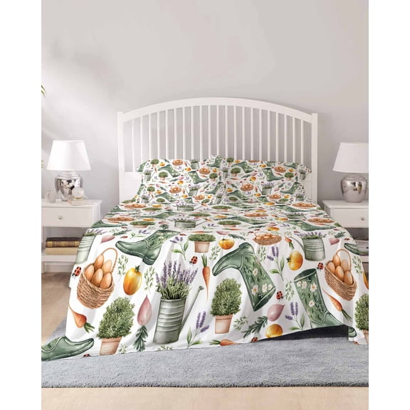 4 Piece King Sheet Set Farm Fruit Sheets Set for King Size Bed, Breathable Soft Microfiber Bed Sheets Cooling Country Botanical Flower Floral Leaf Carrot Fitted Sheet Deep Pocket, Pillowcases