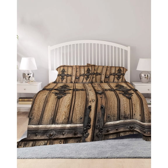 4 Piece King Sheet Set Farmhouse Brown Sheets Set for King Size Bed, Breathable Soft Microfiber Bed Sheets Cooling Rustic Wooden Historical Barn Door Plank Fitted Sheet Deep Pocket, Pillowcases