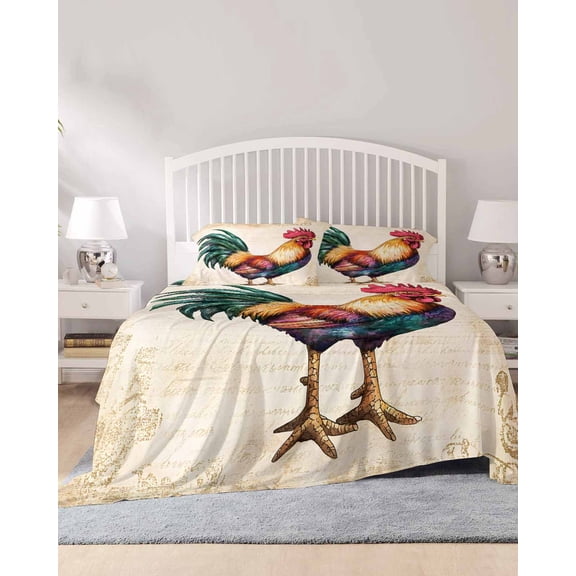 4 Piece King Sheet Set Farmhouse Rooster Sheets Set for King Size Bed, Breathable Soft Microfiber Bed Sheets Cooling Vintage Country Animal Prints Fitted Sheet Deep Pocket, Pillowcases