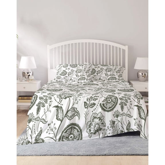 4 Piece King Sheet Set Farmhouse Spring Sheets Set for King Size Bed, Breathable Soft Microfiber Bed Sheets Cooling Seaweed Green Fruit Plant Leaf Flower Fitted Sheet Deep Pocket, Pillowcases