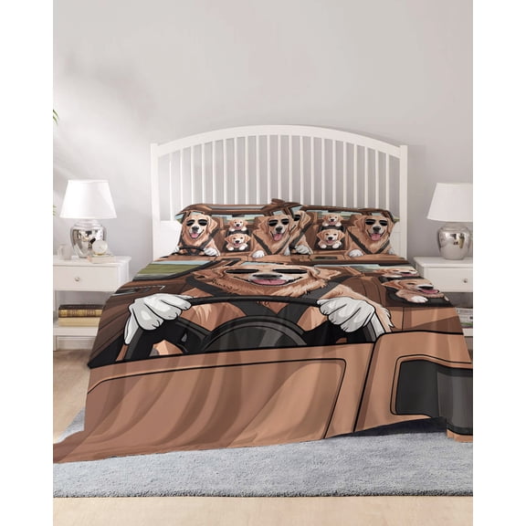 4 Piece King Sheet Set Funny Dog Printed Sheets Set for King Size Bed, Breathable Soft Microfiber Bed Sheets Cooling Cartoon Diving Dog Cute Fitted Sheet Deep Pocket, Pillowcases