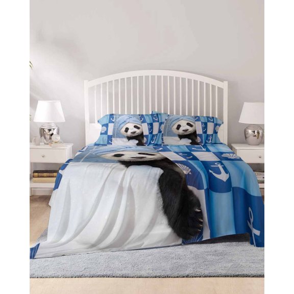 4 Piece King Sheet Set Funny Panda Sheets Set for King Size Bed, Breathable Soft Microfiber Bed Sheets Cooling Cute Art Modern Lovely Animals on Showering Blue Fitted Sheet Deep Pocket, Pillowcases
