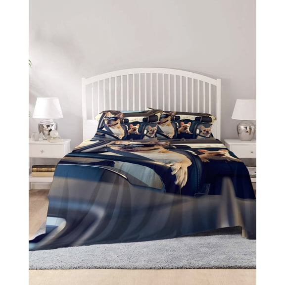 4 Piece King Sheet Set Funny Sheets Set for King Size Bed, Breathable Soft Microfiber Bed Sheets Cooling Modern Driving Dog Print Fitted Sheet Deep Pocket, Pillowcases