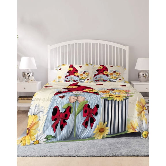4 Piece King Sheet Set Gnomes Sheets Set for King Size Bed, Breathable Soft Microfiber Bed Sheets Cooling White Yellow Daisy Floral Country Garden Floral Fitted Sheet Deep Pocket, Pillowcases
