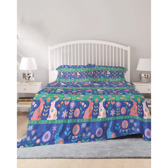 4 Piece King Sheet Set Green Blue Rabbit Sheets Set for King Size Bed, Breathable Soft Microfiber Bed Sheets Cooling Farmhouse Bunny Flowers Plants Fitted Sheet Deep Pocket, Pillowcases
