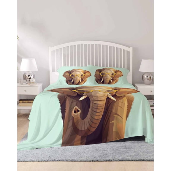 4 Piece King Sheet Set Green Elephants Sheets Set for King Size Bed, Breathable Soft Microfiber Bed Sheets Cooling Funny Animals Modern Art Fitted Sheet Deep Pocket, Pillowcases