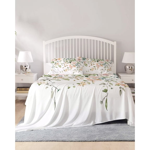 4 Piece King Sheet Set Green Eucalyptus Leaves Sheets Set for King Size Bed, Breathable Soft Microfiber Bed Sheets Cooling Spring Floral Rustic Botanical Fitted Sheet Deep Pocket, Pillowcases