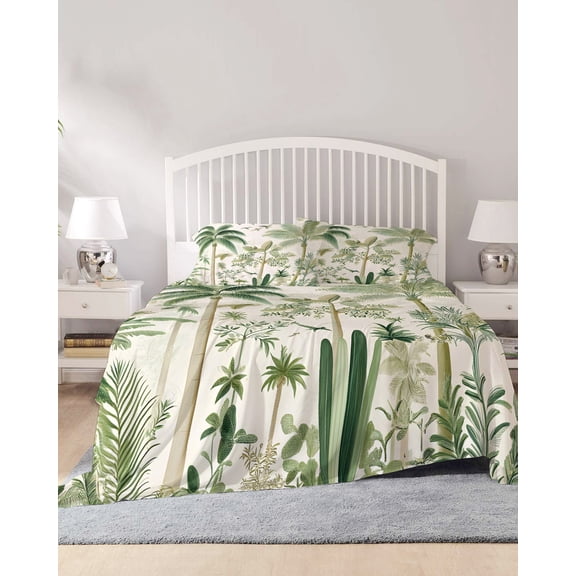 4 Piece King Sheet Set Green Palm Tree Sheets Set for King Size Bed, Breathable Soft Microfiber Bed Sheets Cooling Summer Beach Cactus Fitted Sheet Deep Pocket, Pillowcases