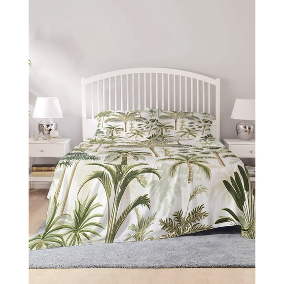 4 Piece King Sheet Set Green Palm Tree Tropical Sheets Set for King Size Bed, Breathable Soft Microfiber Bed Sheets Cooling Beach Summer Botanical Fitted Sheet Deep Pocket, Pillowcases