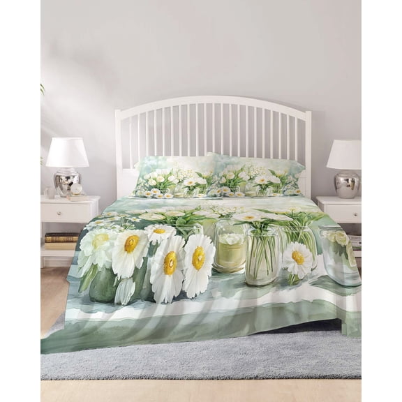 4 Piece King Sheet Set Green Spring Floral Sheets Set for King Size Bed, Breathable Soft Microfiber Bed Sheets Cooling Summer Flowers Blooming Oil Painted Fitted Sheet Deep Pocket, Pillowcases