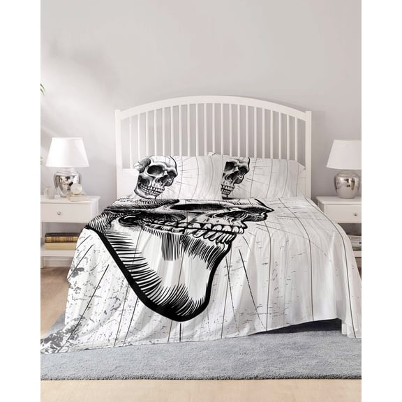 4 Piece King Sheet Set Horror Skull Sheets Set for King Size Bed, Breathable Soft Microfiber Bed Sheets Cooling Black Skeleton Spooky Halloween Fitted Sheet Deep Pocket, Pillowcases