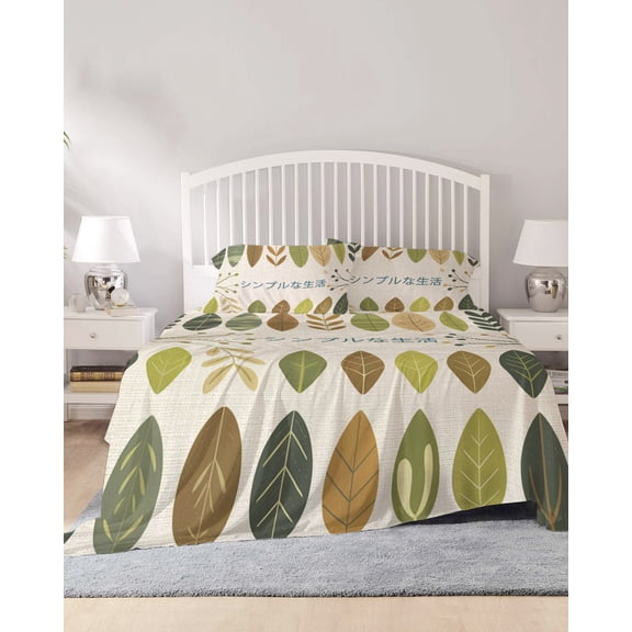 4 Piece King Sheet Set Japanese Harmony Sheets Set for King Size Bed, Breathable Soft Microfiber Bed Sheets Cooling Green Leaves Botanical Pastoral Fitted Sheet Deep Pocket, Pillowcases