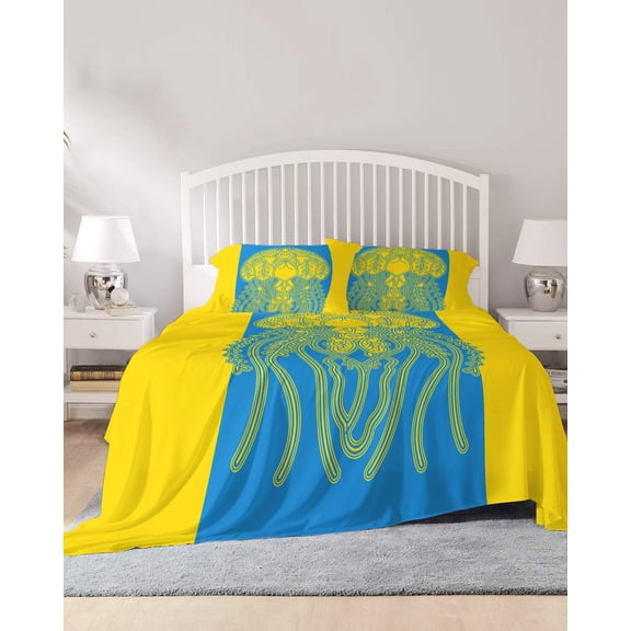 4 Piece King Sheet Set Jellyfish Blue Sheets Set for King Size Bed, Breathable Soft Microfiber Bed Sheets Cooling Boho Tropical Yellow Stripe Summer Abstract Fitted Sheet Deep Pocket, Pillowcases