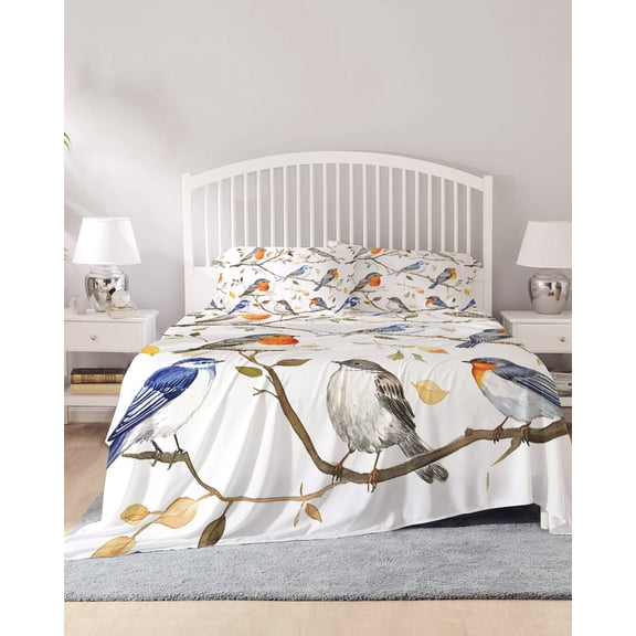 4 Piece King Sheet Set Leaf Bird Sheets Set for King Size Bed, Breathable Soft Microfiber Bed Sheets Cooling Country Tree Branch Watercolor Spring Summer Fitted Sheet Deep Pocket, Pillowcases