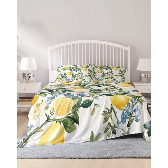4 Piece King Sheet Set Lemon Fruit Sheets Set for King Size Bed, Breathable Soft Microfiber Bed Sheets Cooling Vintage Tree Leaf Branch Flower Floral Fitted Sheet Deep Pocket, Pillowcases