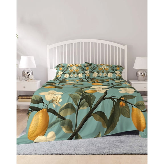 4 Piece King Sheet Set Lemon Leaves Sheets Set for King Size Bed, Breathable Soft Microfiber Bed Sheets Cooling Summer Fruit Branch Leaf Summer Spring Fitted Sheet Deep Pocket, Pillowcases