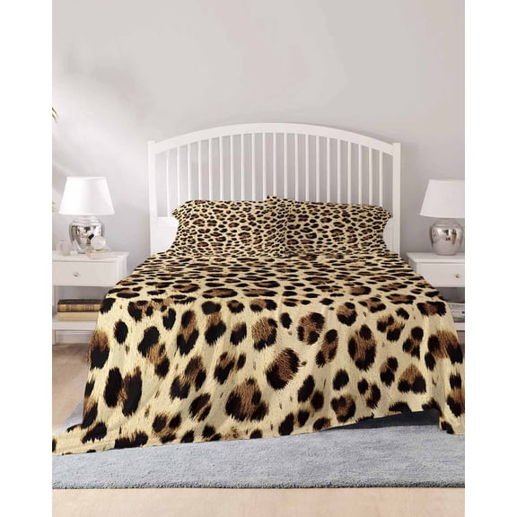 4 Piece King Sheet Set Leopard Printed Sheets Set for King Size Bed, Breathable Soft Microfiber Bed Sheets Cooling Modern Animal Fur Patterns Fitted Sheet Deep Pocket, Pillowcases