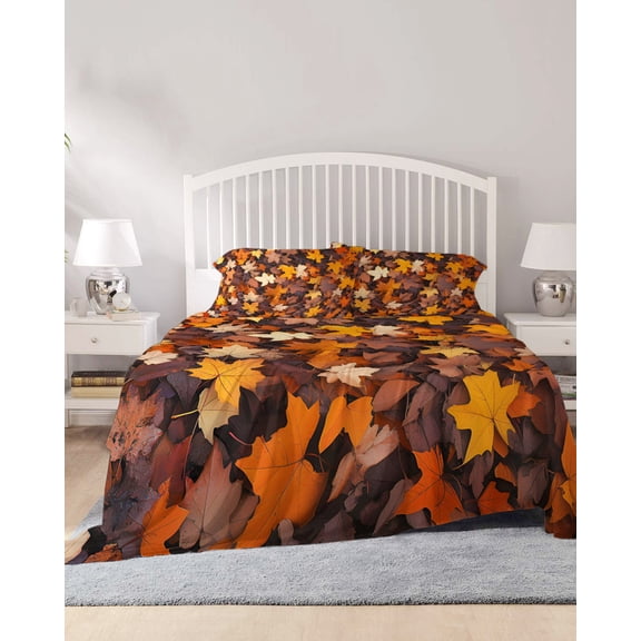 4 Piece King Sheet Set Maple LeafFall Sheets Set for King Size Bed, Breathable Soft Microfiber Bed Sheets Cooling Autumn Rustic Botanical Leaves Fitted Sheet Deep Pocket, Pillowcases