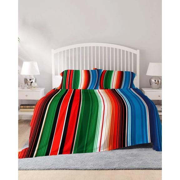 4 Piece King Sheet Set Mexican Serape Sheets Set for King Size Bed, Breathable Soft Microfiber Bed Sheets Cooling Colorful Stripes Vertical Lines Abstract Fitted Sheet Deep Pocket, Pillowcases
