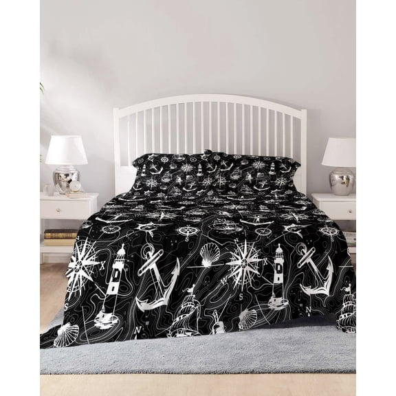 4 Piece King Sheet Set Nautical Black Sheets Set for King Size Bed, Breathable Soft Microfiber Bed Sheets Cooling Retro Sailing Boat Map Anchor Rudder Fitted Sheet Deep Pocket, Pillowcases