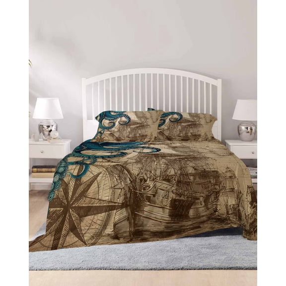 4 Piece King Sheet Set Nautical Blue Octopus Sheets Set for King Size Bed, Breathable Soft Microfiber Bed Sheets Cooling Coastal Ocean Summer Vintage Sea Fitted Sheet Deep Pocket, Pillowcases