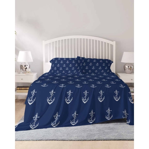 4 Piece King Sheet Set Navy Blue Anchor Sheets Set for King Size Bed, Breathable Soft Microfiber Bed Sheets Cooling Nautical Coastal Summer Ocean Ship Fitted Sheet Deep Pocket, Pillowcases