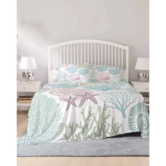 4 Piece King Sheet Set Ocean Coastal Sheets Set for King Size Bed, Breathable Soft Microfiber Bed Sheets Cooling Sage Green Turquoise Coral Shell Starfish Fitted Sheet Deep Pocket, Pillowcases