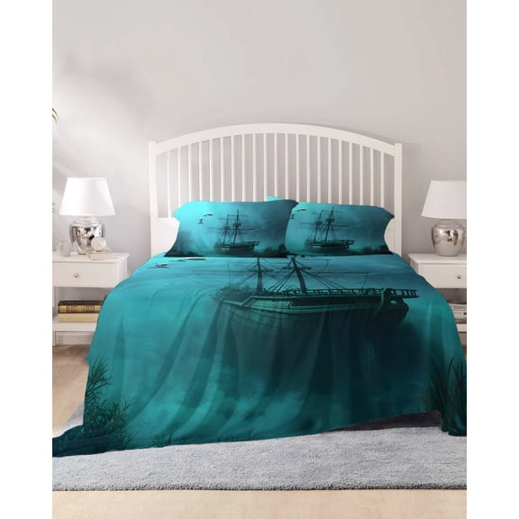 4 Piece King Sheet Set Ocean Shipwrecks Sheets Set for King Size Bed, Breathable Soft Microfiber Bed Sheets Cooling Coastal Nautical Dolphins Vintage Fitted Sheet Deep Pocket, Pillowcases