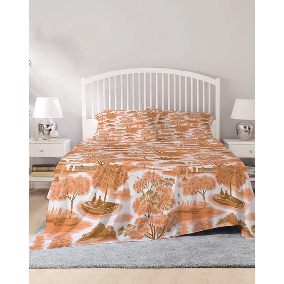 4 Piece King Sheet Set Orange Garden Sheets Set for King Size Bed, Breathable Soft Microfiber Bed Sheets Cooling Modern Art Building Trees Boat Landscape Fitted Sheet Deep Pocket, Pillowcases