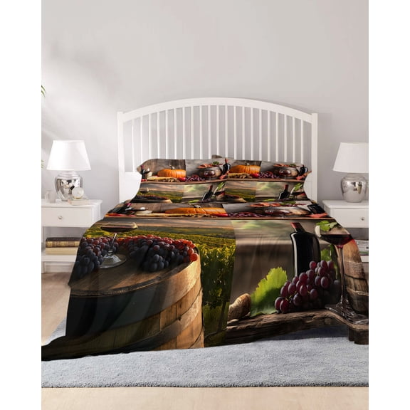 4 Piece King Sheet Set Orange Pumpkin Sheets Set for King Size Bed, Breathable Soft Microfiber Bed Sheets Cooling Farmhouse Grapes Glass Country Fitted Sheet Deep Pocket, Pillowcases